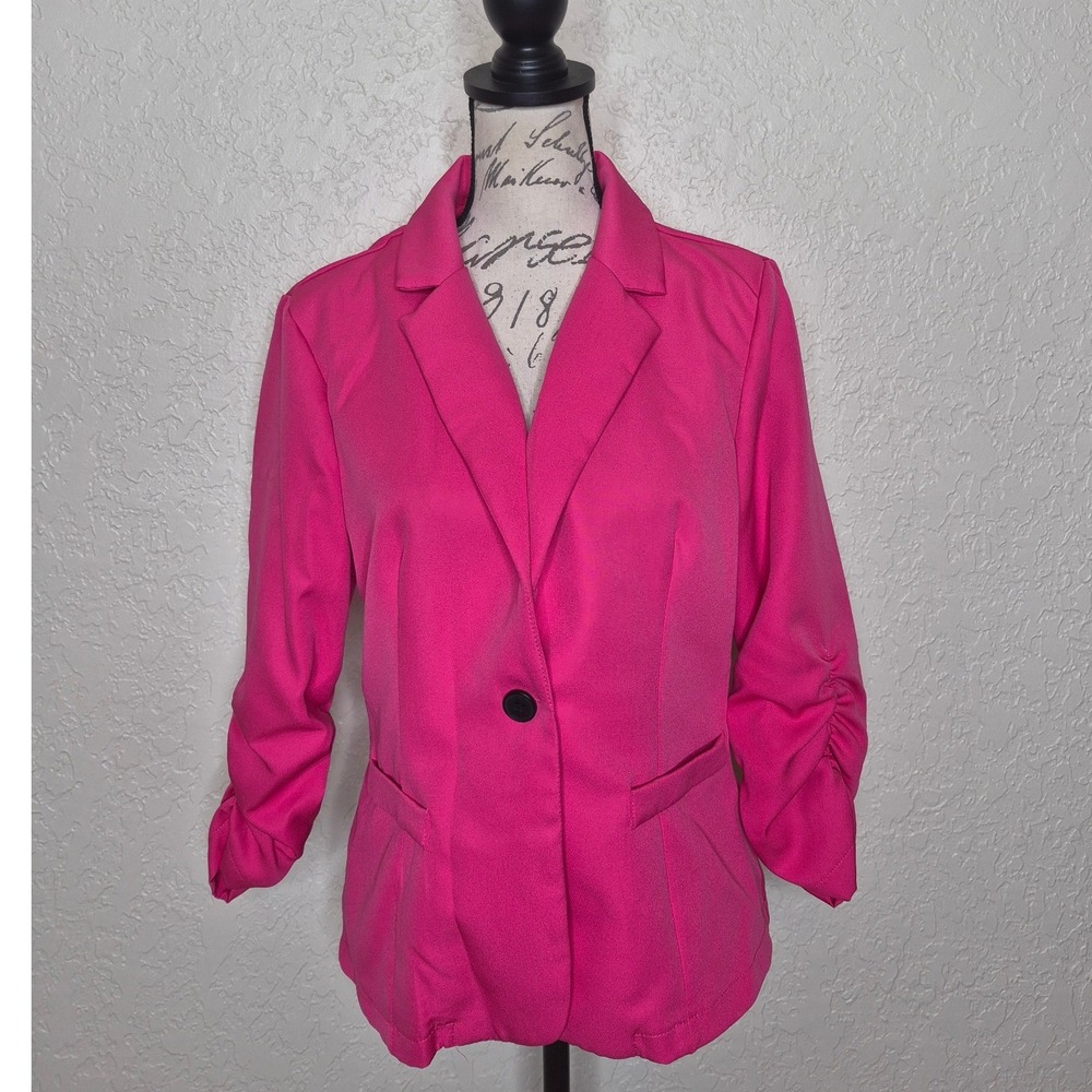 SHEIN Hot Pink Ruched 3/4 Sleeve Single Button Blazer Jacket Size L